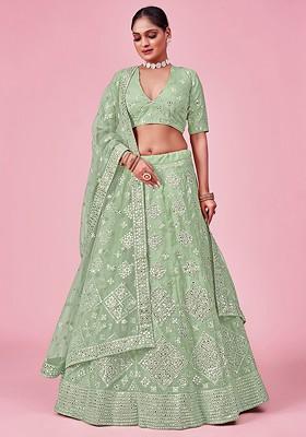 Green Embroidered Poly Blend Lehenga Set