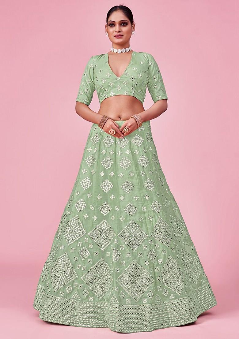 Green Embroidered Poly Blend Lehenga Set