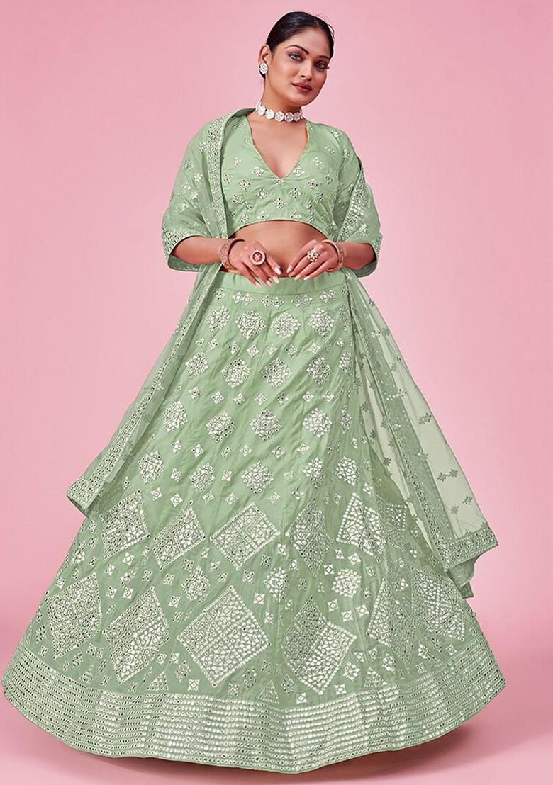 Green Embroidered Poly Blend Lehenga Set