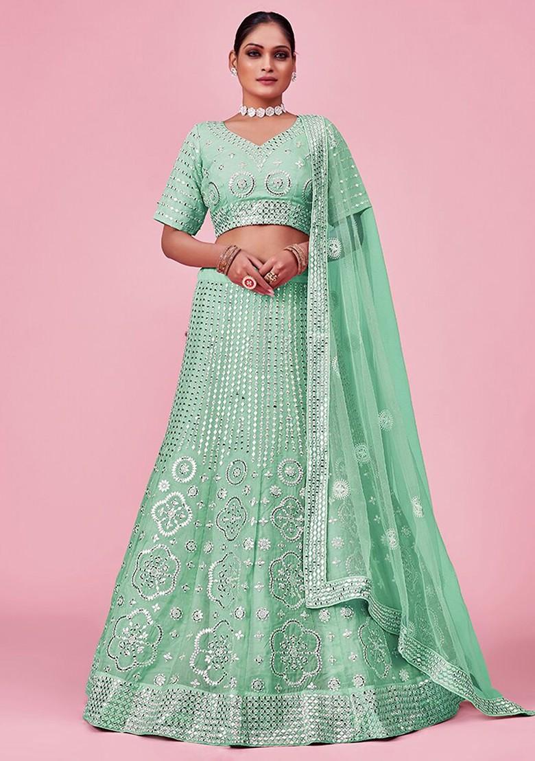 Green Embroidered Poly Blend Lehenga Set