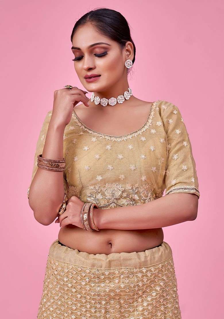 Gold Embroidered Poly Blend Lehenga Set - Indya