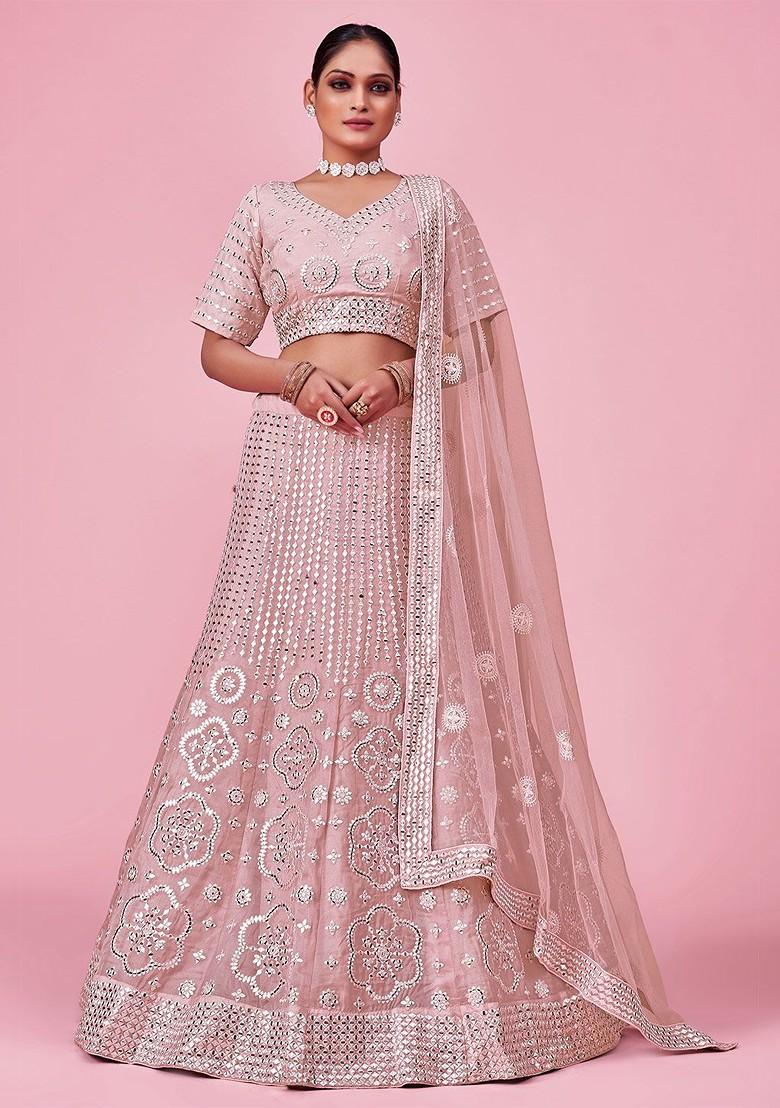Pink Embroidered Poly Blend Lehenga Set