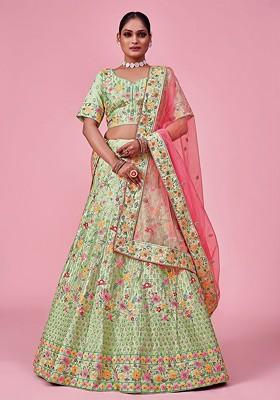 Green Embroidered Poly Blend Lehenga Set