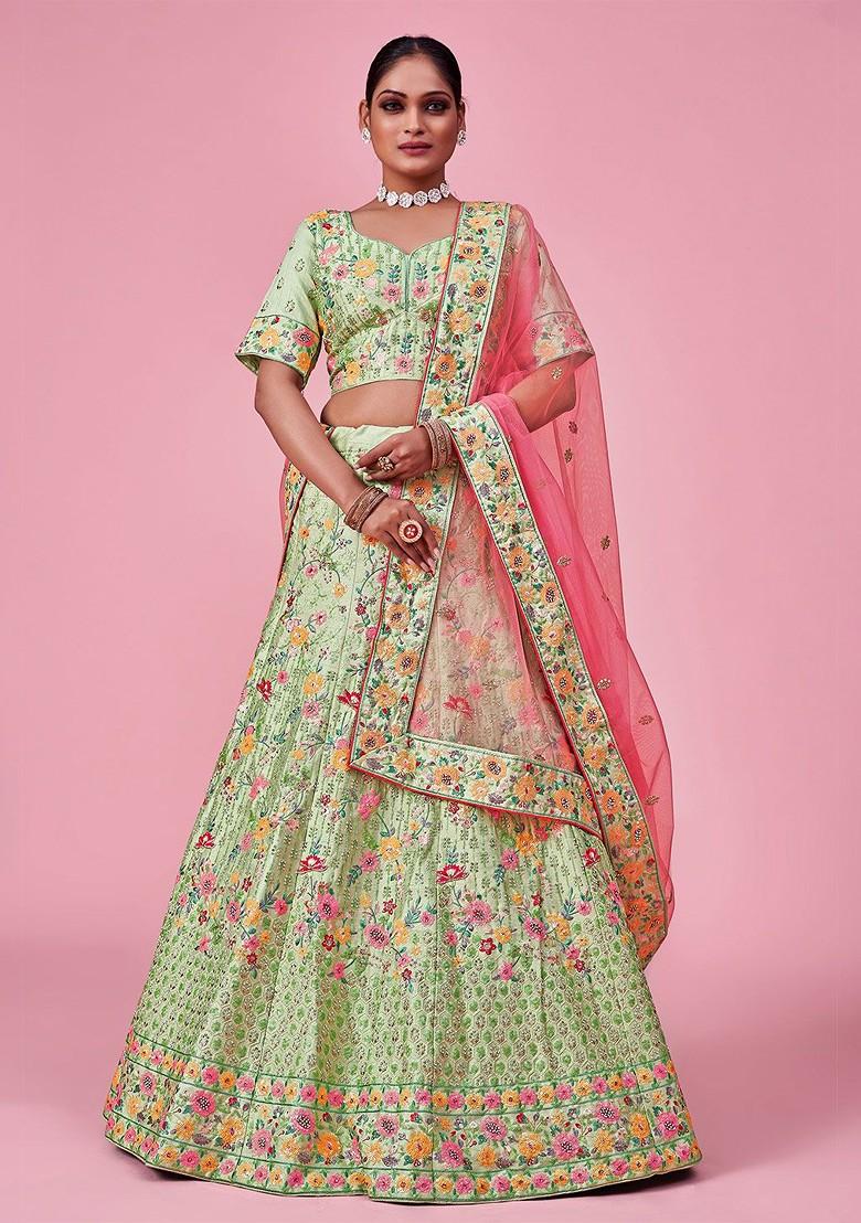 Green Embroidered Poly Blend Lehenga Set