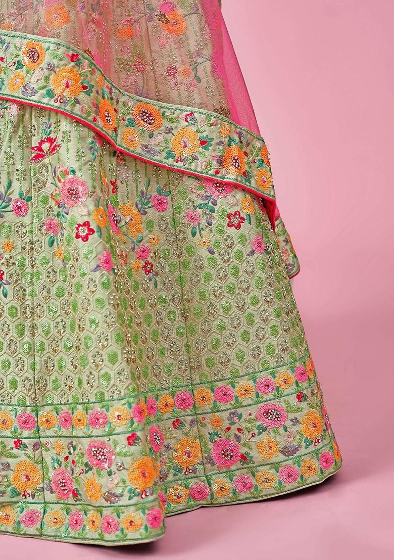 Green Embroidered Poly Blend Lehenga Set