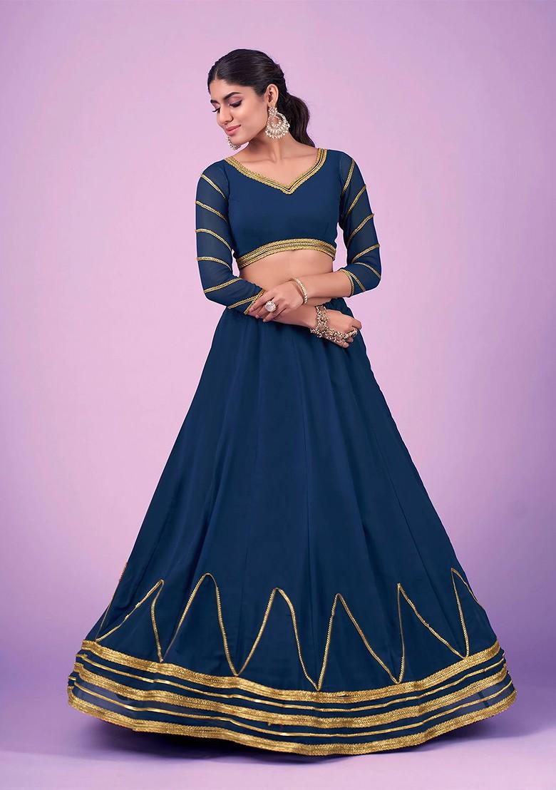 Blue Solid Poly Blend Lehenga Set