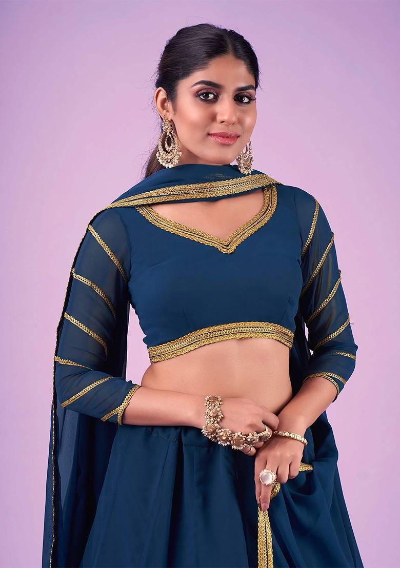 Blue Solid Poly Blend Lehenga Set