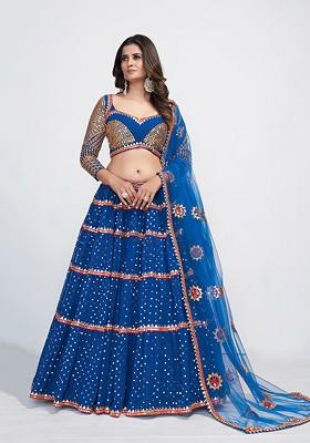 Blue Embellished Poly Blend Lehenga Set