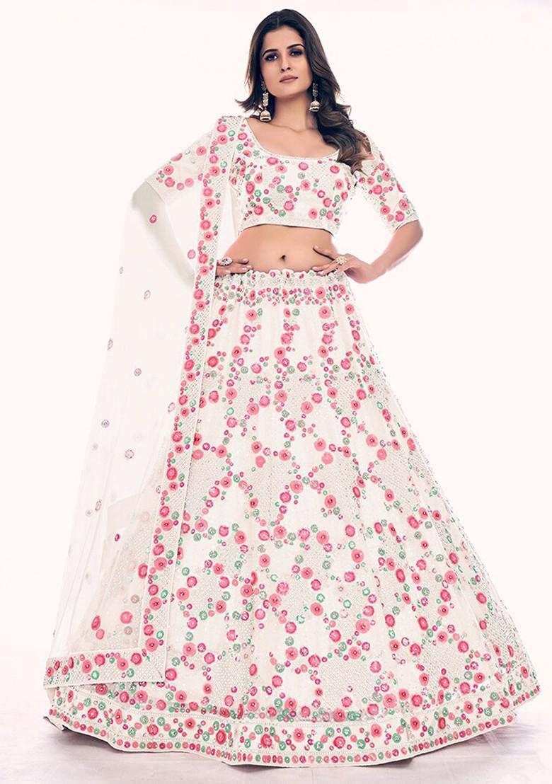 White Embroidered Poly Blend Lehenga Set