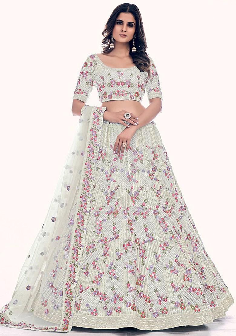 White Embroidered Poly Blend Lehenga Set