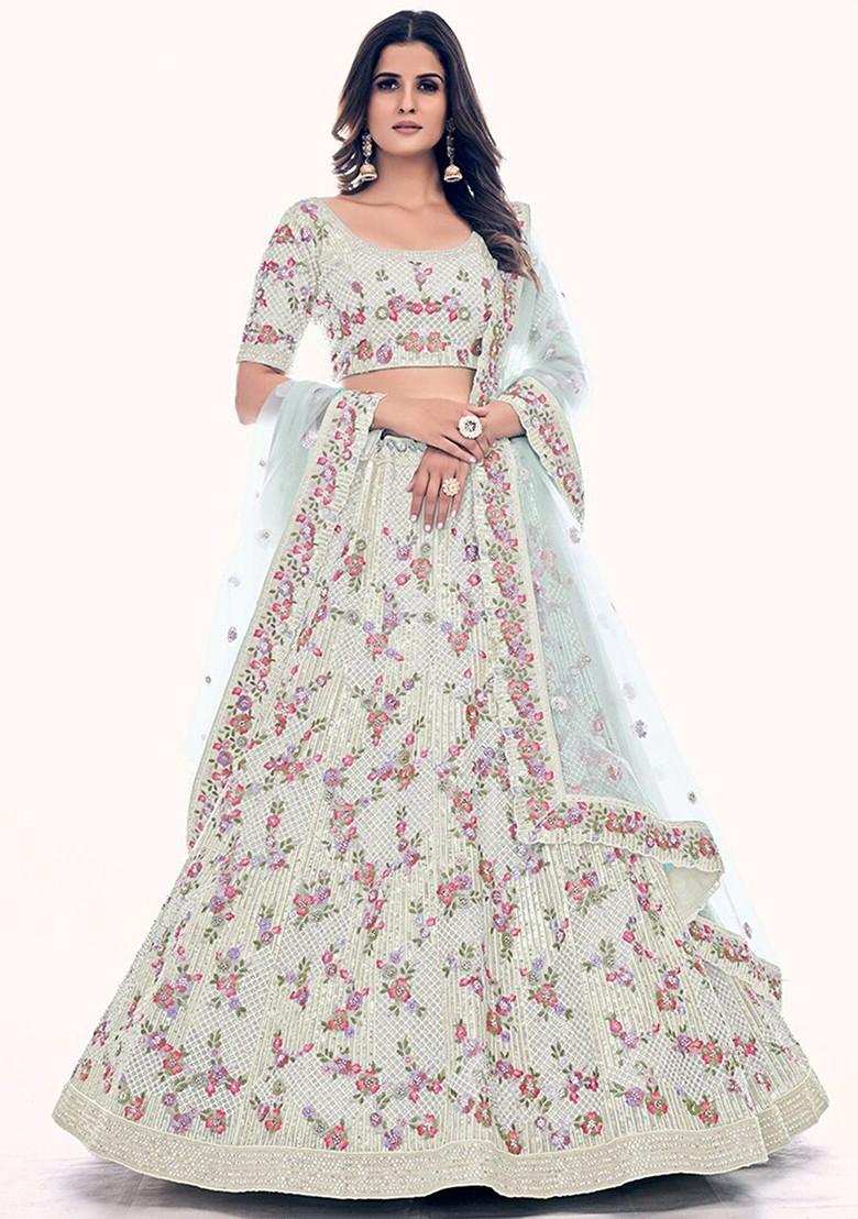 White Embroidered Poly Blend Lehenga Set