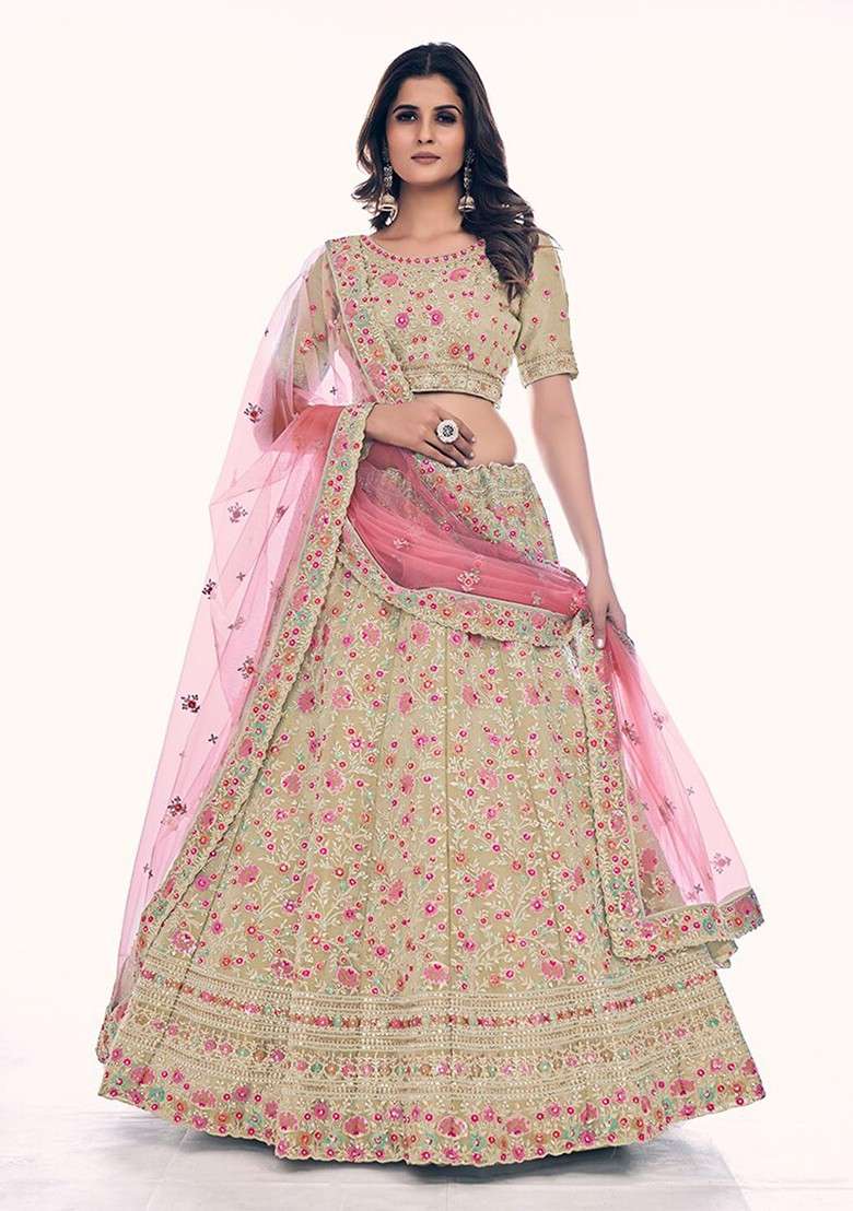 Gold Embroidered Poly Blend Lehenga Set - Indya