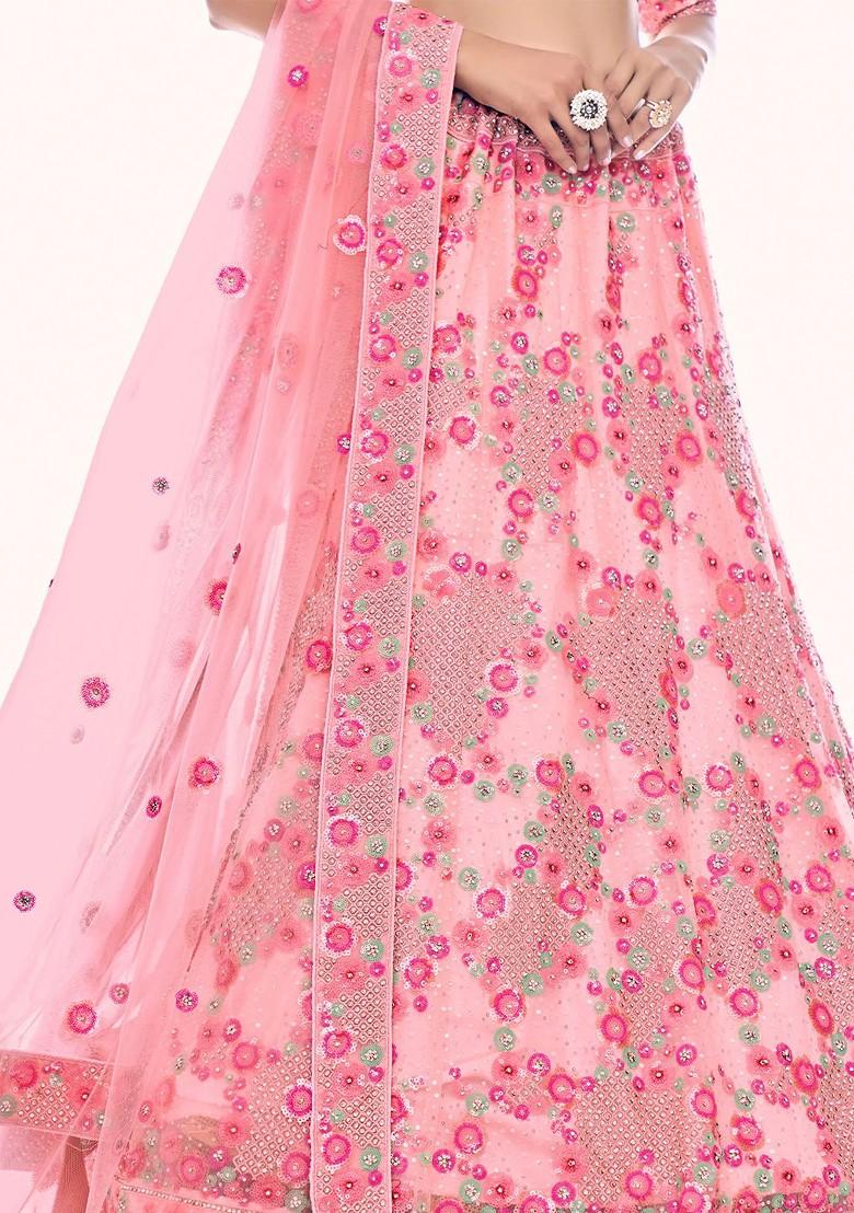 Pink Embroidered Poly Blend Lehenga Set