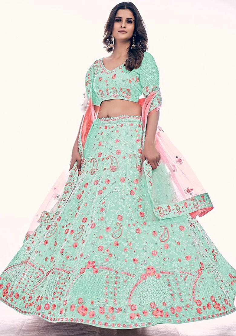 Green Embroidered Poly Blend Lehenga Set