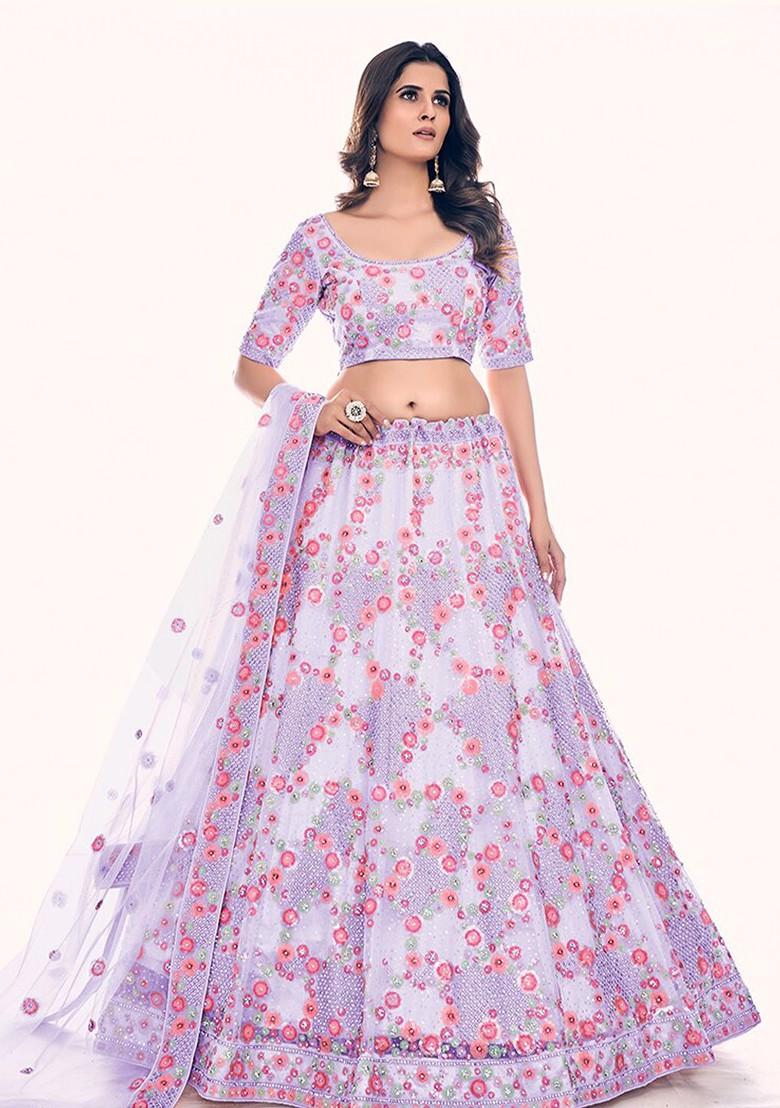 Purple Embroidered Poly Blend Lehenga Set