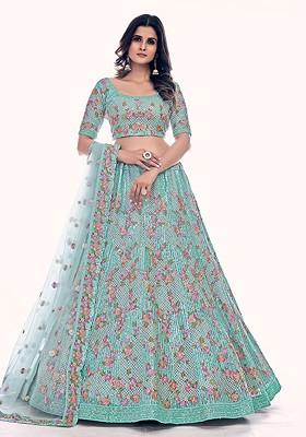 Blue Embroidered Poly Blend Lehenga Set