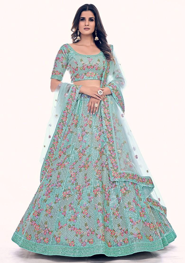 Blue Embroidered Poly Blend Lehenga Set