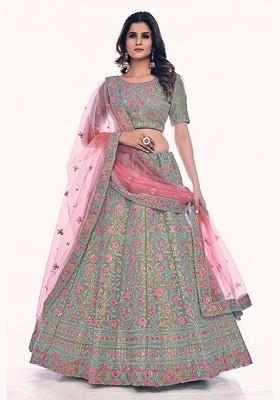 Green Embroidered Poly Blend Lehenga Set