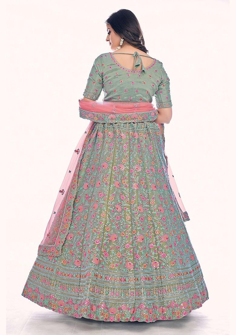Green Embroidered Poly Blend Lehenga Set
