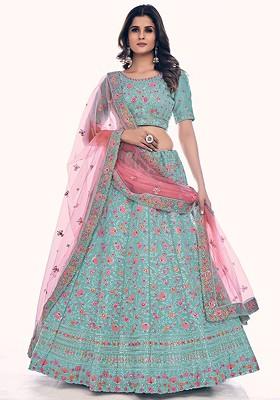 Blue Embroidered Poly Blend Lehenga Set