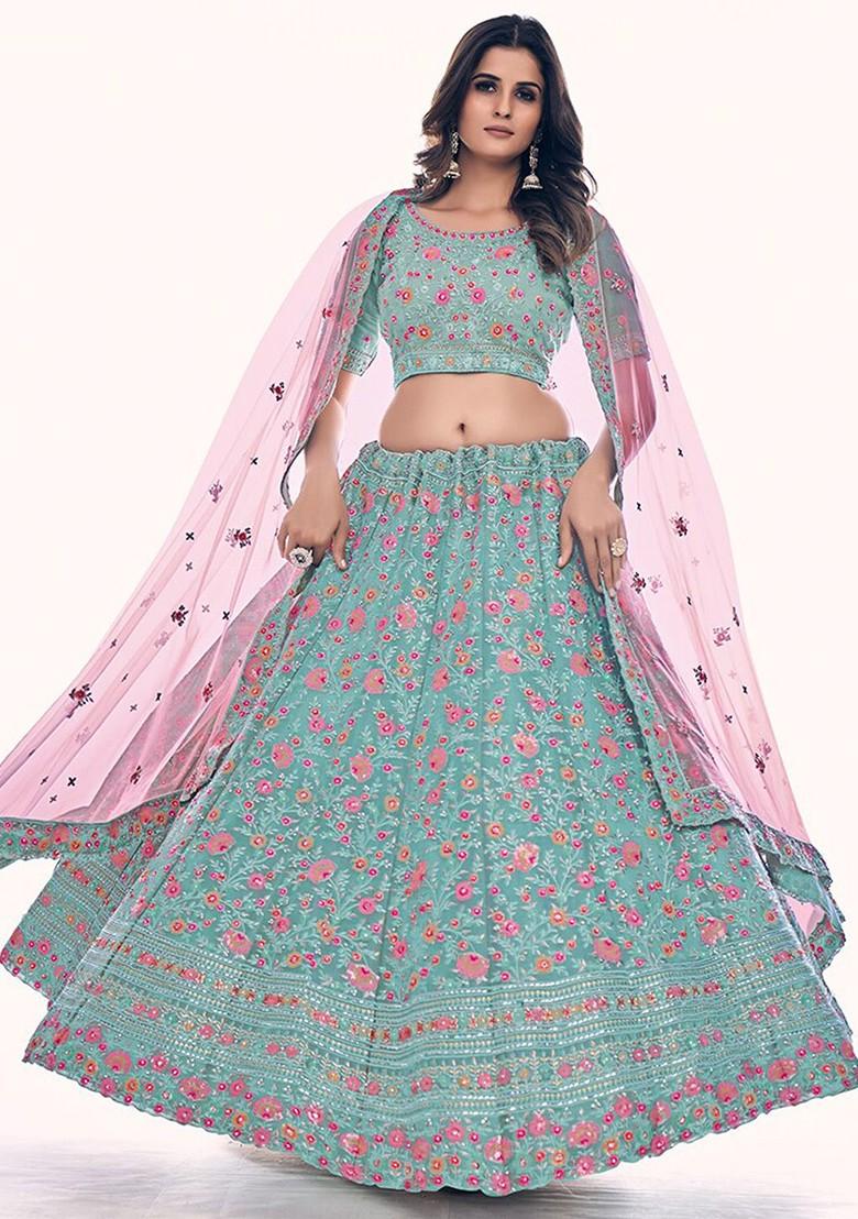 Blue Embroidered Poly Blend Lehenga Set