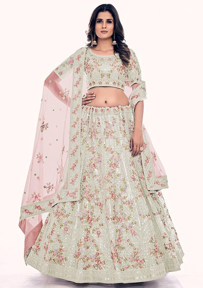 White Embroidered Poly Blend Lehenga Set