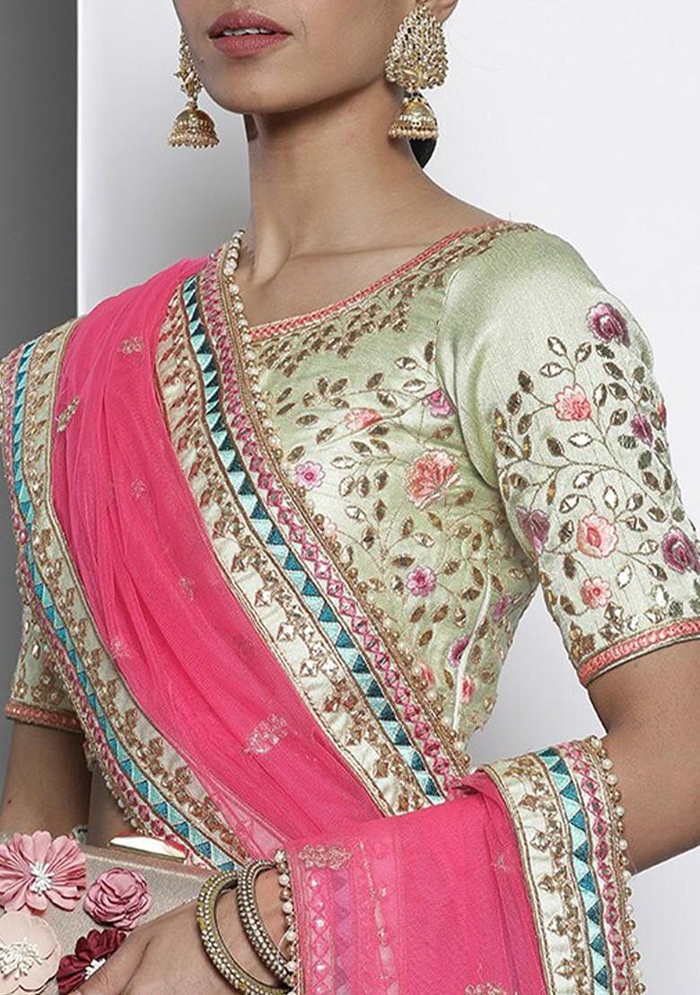 Green Embroidered Poly Blend Lehenga Set