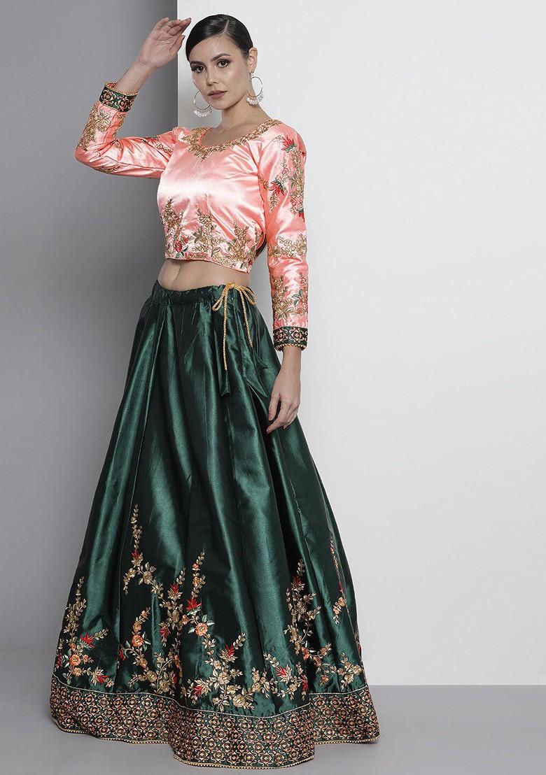 Green Embroidered Poly Blend Lehenga Set