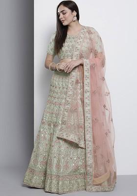 Green Embroidered Poly Blend Lehenga Set