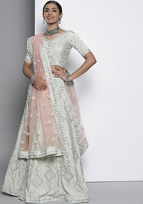 Green Embroidered Poly Blend Lehenga Set