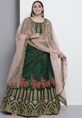 Green Embroidered Poly Blend Lehenga Set