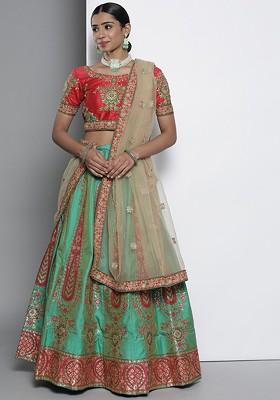 Green Embroidered Poly Blend Lehenga Set