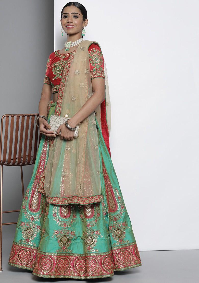 Green Embroidered Poly Blend Lehenga Set