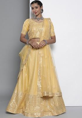 Yellow Mirror Work Poly Blend Lehenga Set