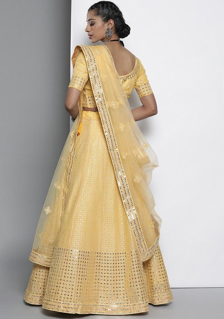 Yellow Mirror Work Poly Blend Lehenga Set