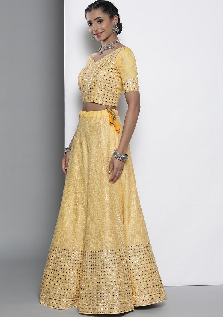 Yellow Mirror Work Poly Blend Lehenga Set