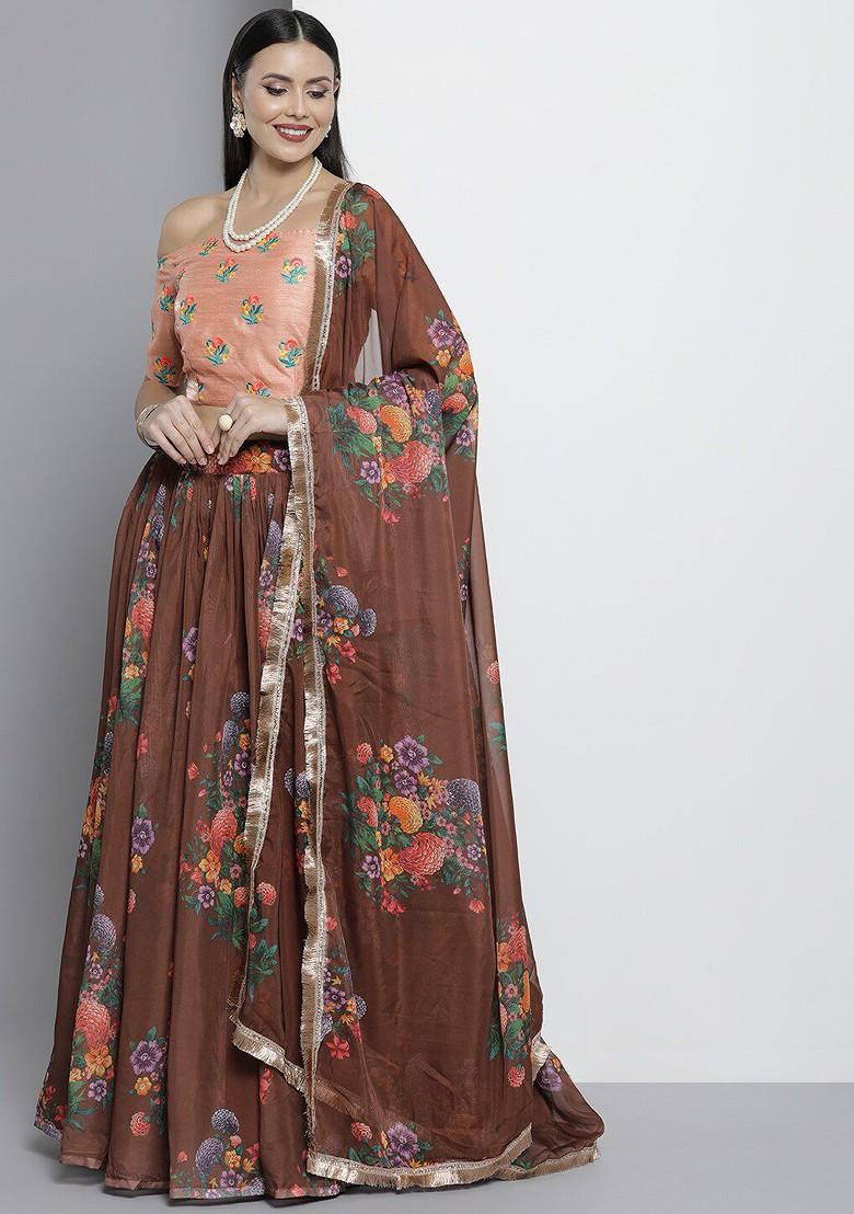 Brown Embroidered Poly Blend Lehenga Set