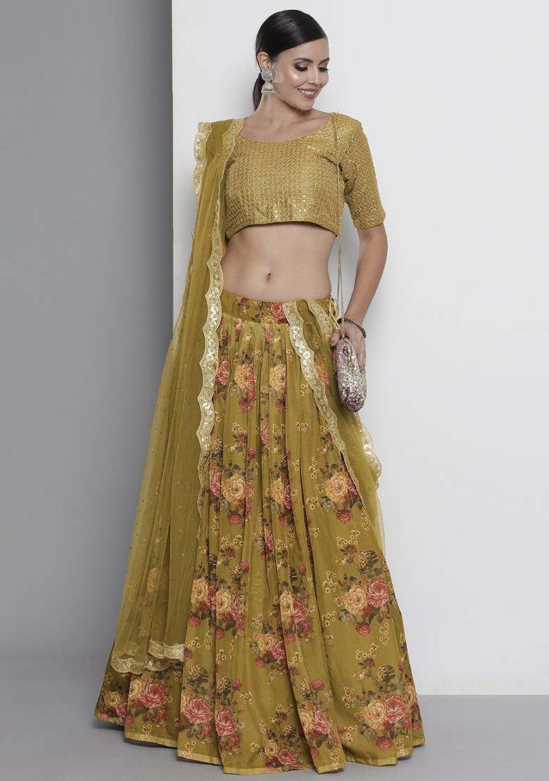 Olive Poly Blend Lehenga Set with Embroidered for Diwali | Wedding & Festive Wear - Indya