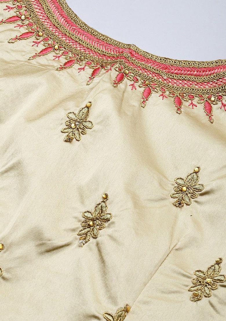 Beige Embroidered Poly Blend Lehenga Set