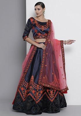 Blue Embroidered Poly Blend Lehenga Set