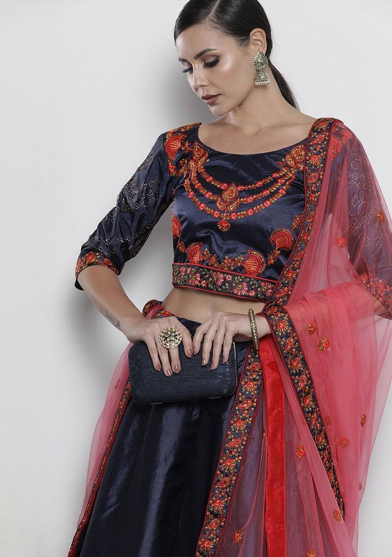 Blue Embroidered Poly Blend Lehenga Set