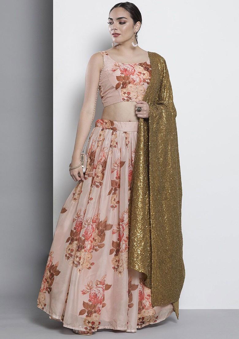 Peach Printed Poly Blend Lehenga Set