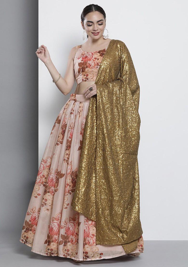 Peach Printed Poly Blend Lehenga Set