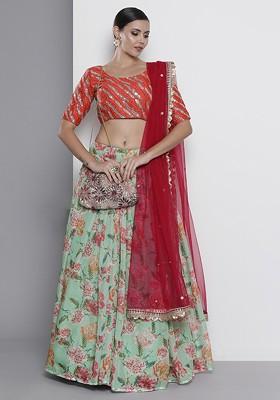 Green Embroidered Poly Blend Lehenga Set
