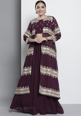 Maroon Embroidered Poly Blend Lehenga Set