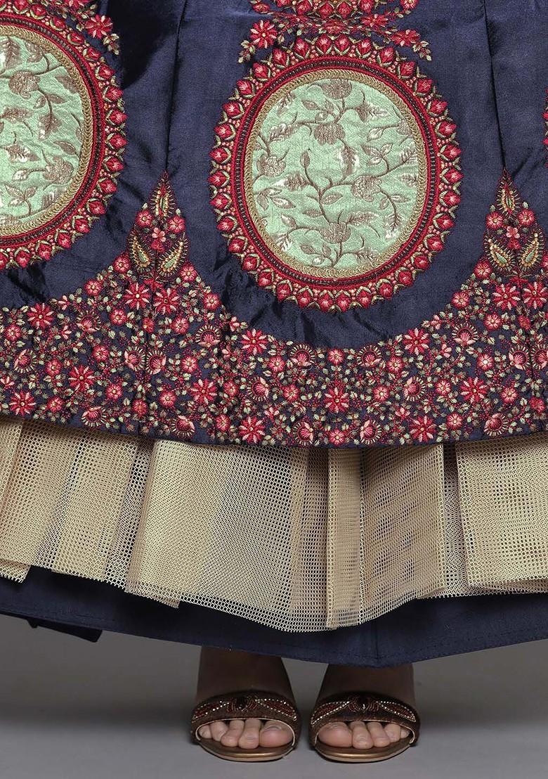 Blue Embroidered Poly Blend Lehenga Set
