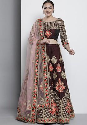 Maroon Embroidered Poly Blend Lehenga Set