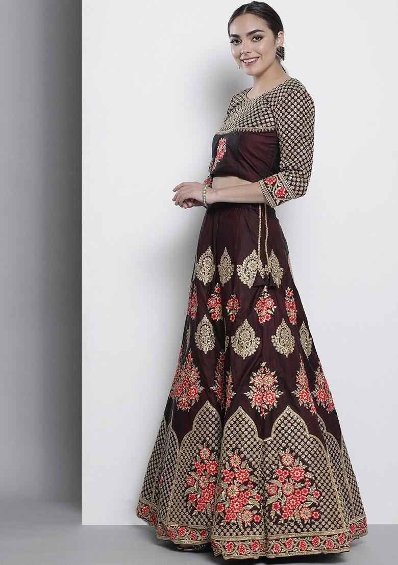 Maroon Embroidered Poly Blend Lehenga Set