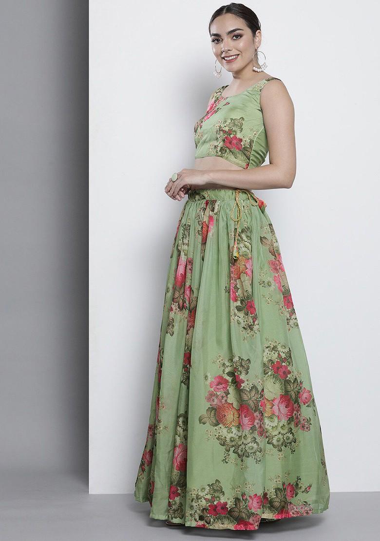 Green Printed Poly Blend Lehenga Set