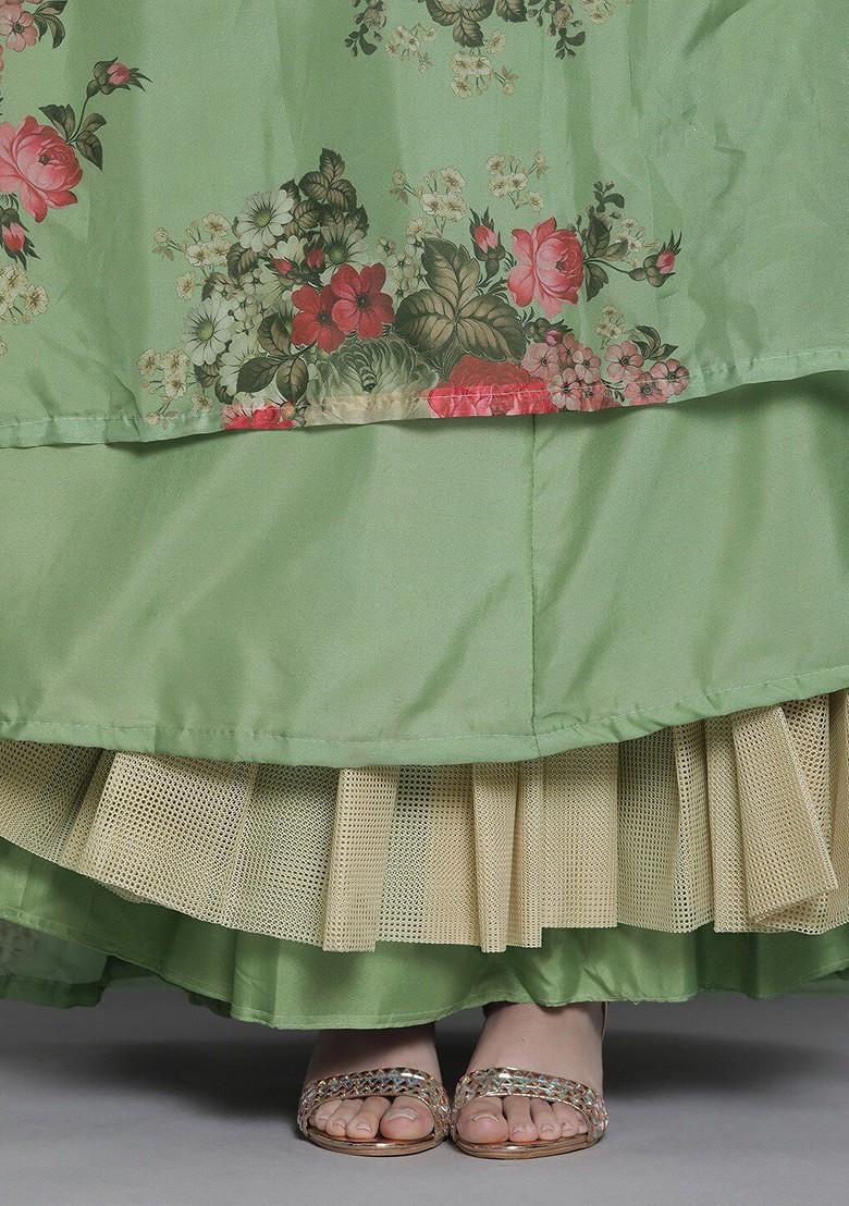 Green Printed Poly Blend Lehenga Set